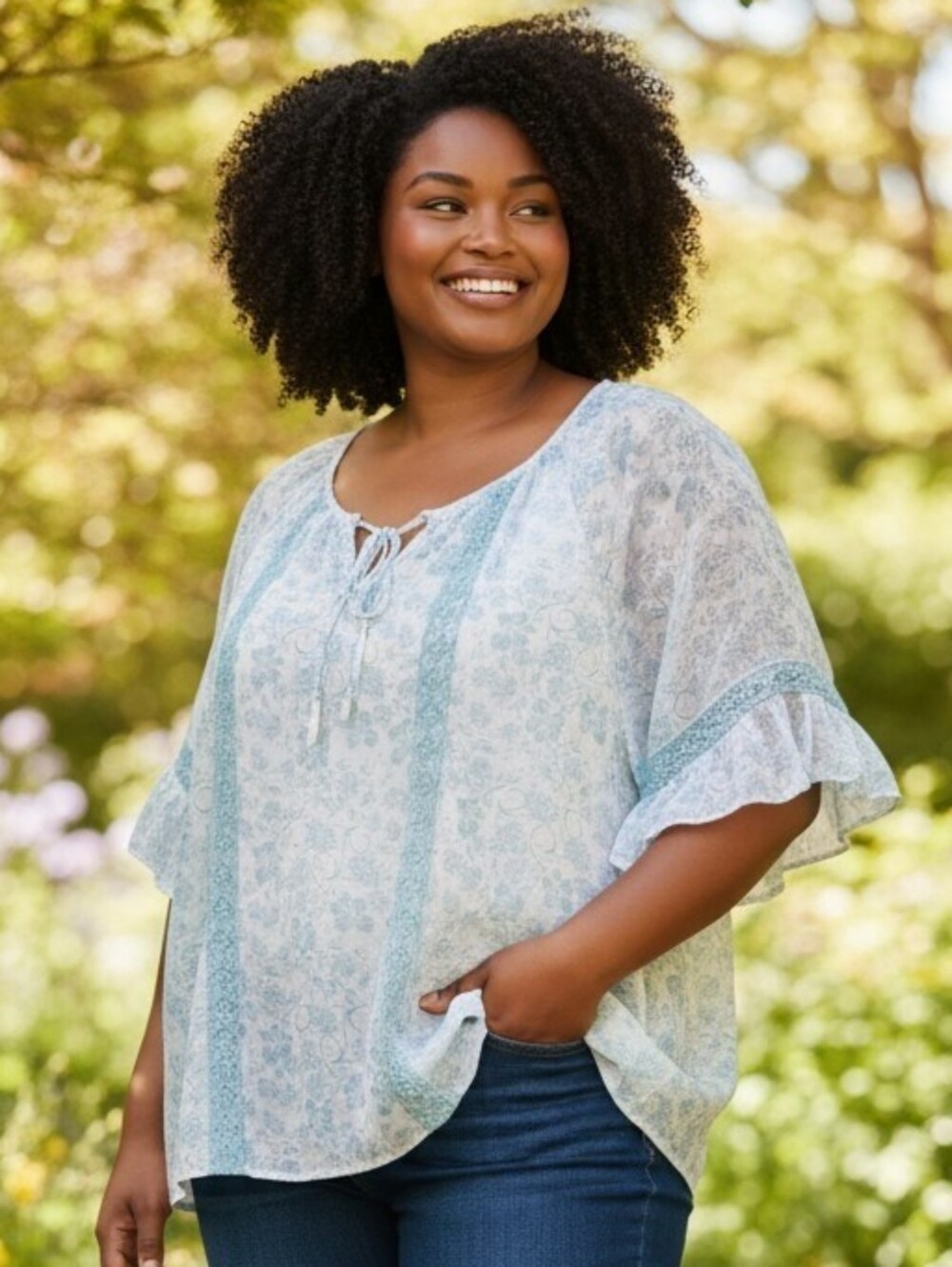 Plus Size Light Teal Floral Peasant Tunic with Tie Neck